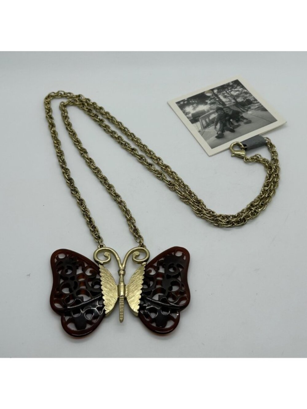 Vintage Anthropologie Butterfly Pendant Necklace Brown Filigree Wings Gold-Tone - Picture 7 of 15